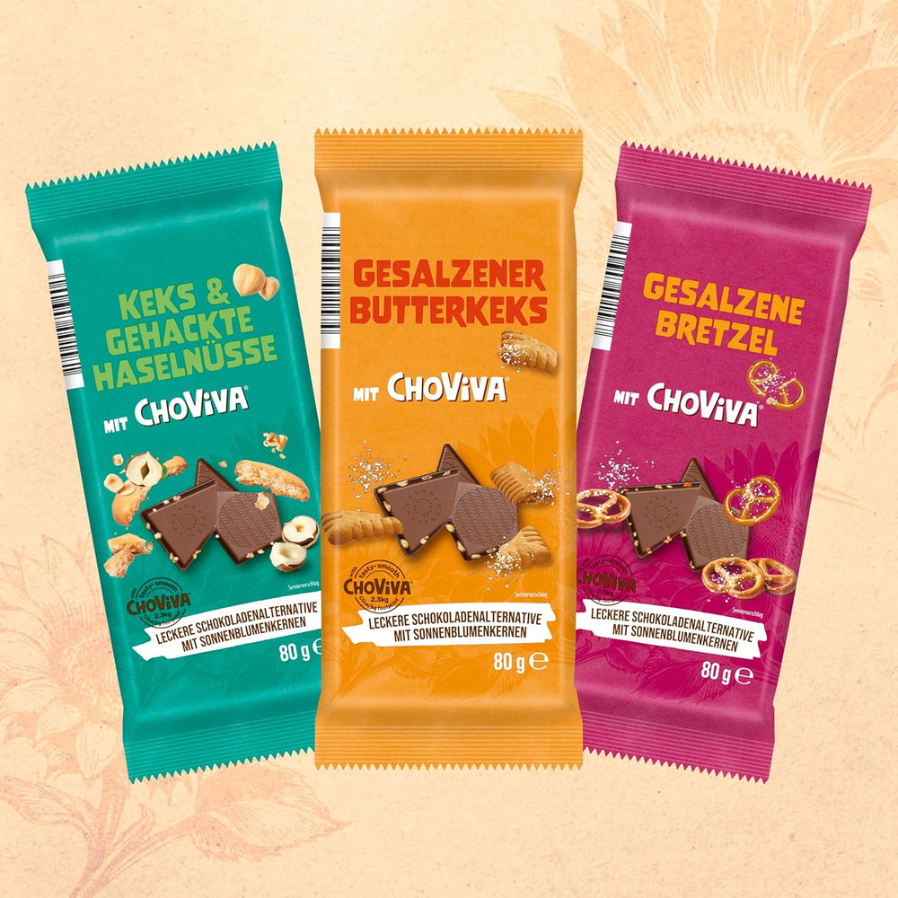 Gesalzene Butterkekse und ChoViva, 80-g-Riegel, hergestellt aus alternativer Schokolade mit Sonnenblumenkernen