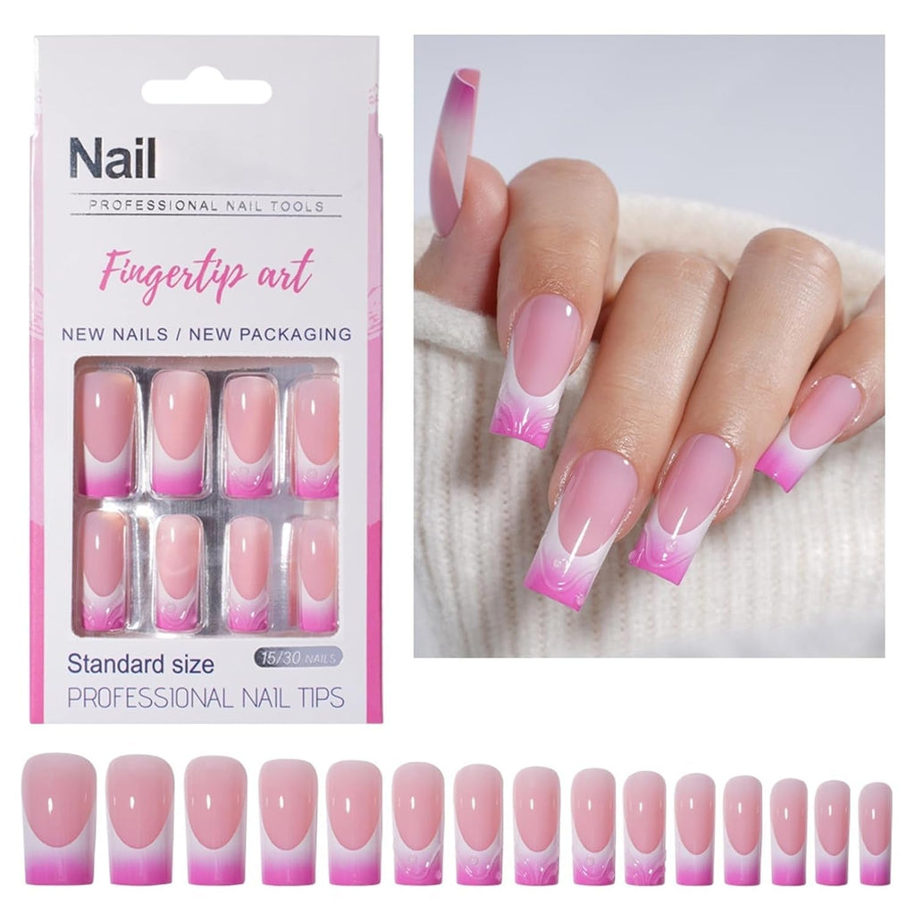 30 de bucăți unghii false franțuzești - unghii artificiale pentru lipit - unghii cu gel moale pentru femei - unghii adezive acrilice, manichiură pătrată (roz franțuzesc)
