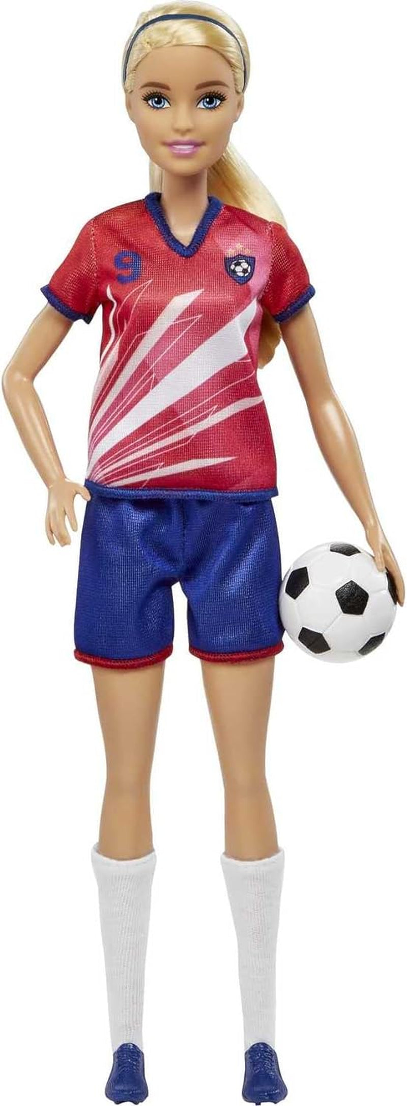 Seria Barbie You Can Be Anything, Jucătoare de fotbal, Jucătoare de fotbal cu păr blond, Tricou roșu și albastru, Minge, Accesorii, Păpușă inclusă, Cadou pentru copii cu vârsta de 3 ani și peste, HCN17