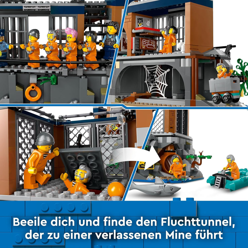 LEGO City Polizeistation auf der Gefängnisinsel, Polizeispielzeug mit Hubschrauber, Stiefel und Hai, Set mit 7 Minifiguren und Hund, Geburtstagsgeschenk für Jungen und Mädchen ab 7 Jahren 60419