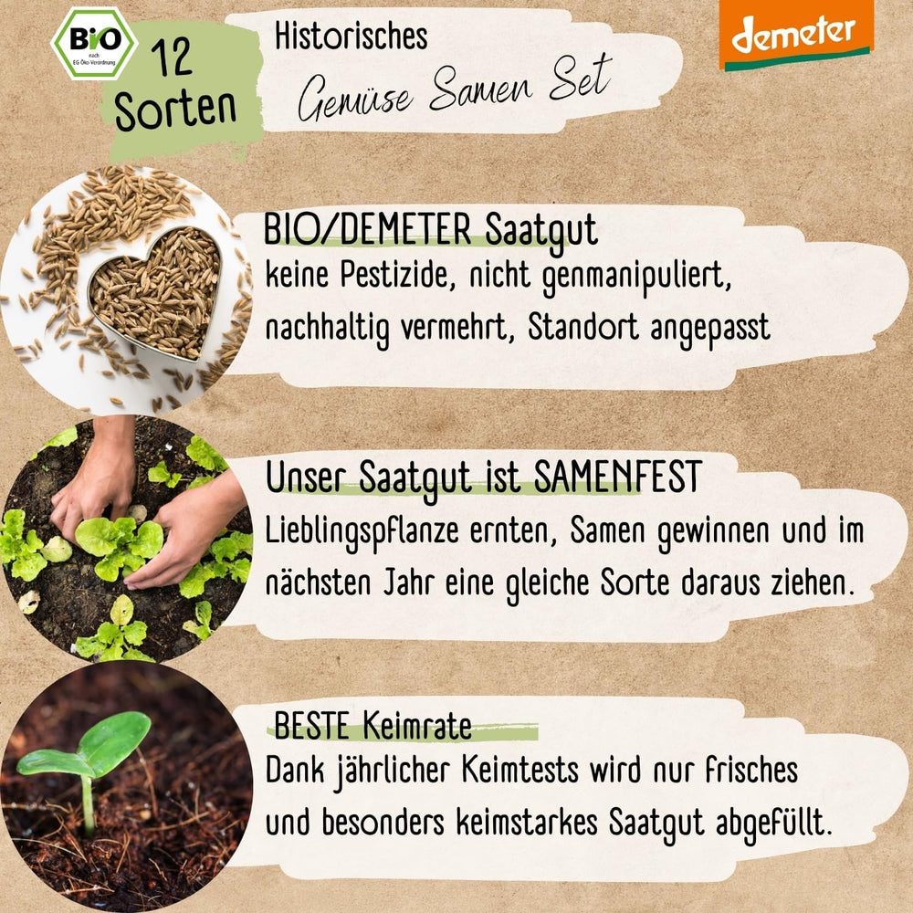 Bio-Gemüsesamen-Set – 12 Sorten Demeter-Gemüsesamen | Seltene und familiäre Gemüsesamen, alle frei bestäubt | Familiengemüsesorten für Balkone, Hochbeete, Gärten und Geschenke | Liebespflanzen