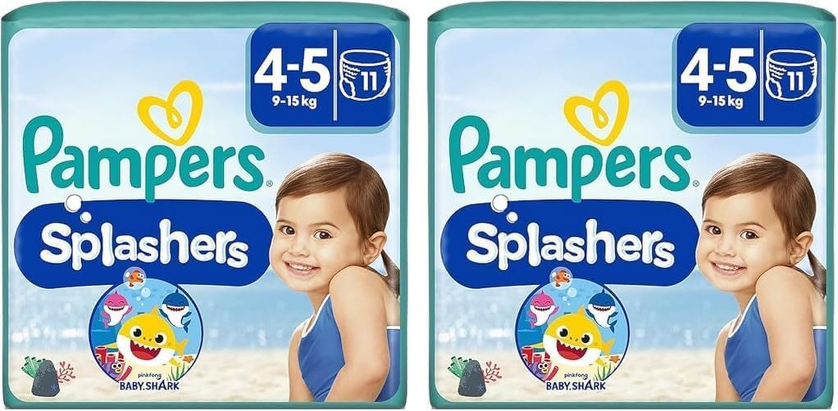 Pampers Splashers Baby Shark Limited Edition Einweg-Schwimmwindeln 4–5, 11, 9 kg–15 kg, für sicheren Schutz im Wasser