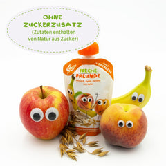 FRECHE FREUNDE Pfirsich-Apfel-Bananen-Hafer Bio-Fruchtpüree mit Müsli im Quetschbeutel für Babys ab 6 Monaten, vegan, 6er-Pack (6 x 100 g)