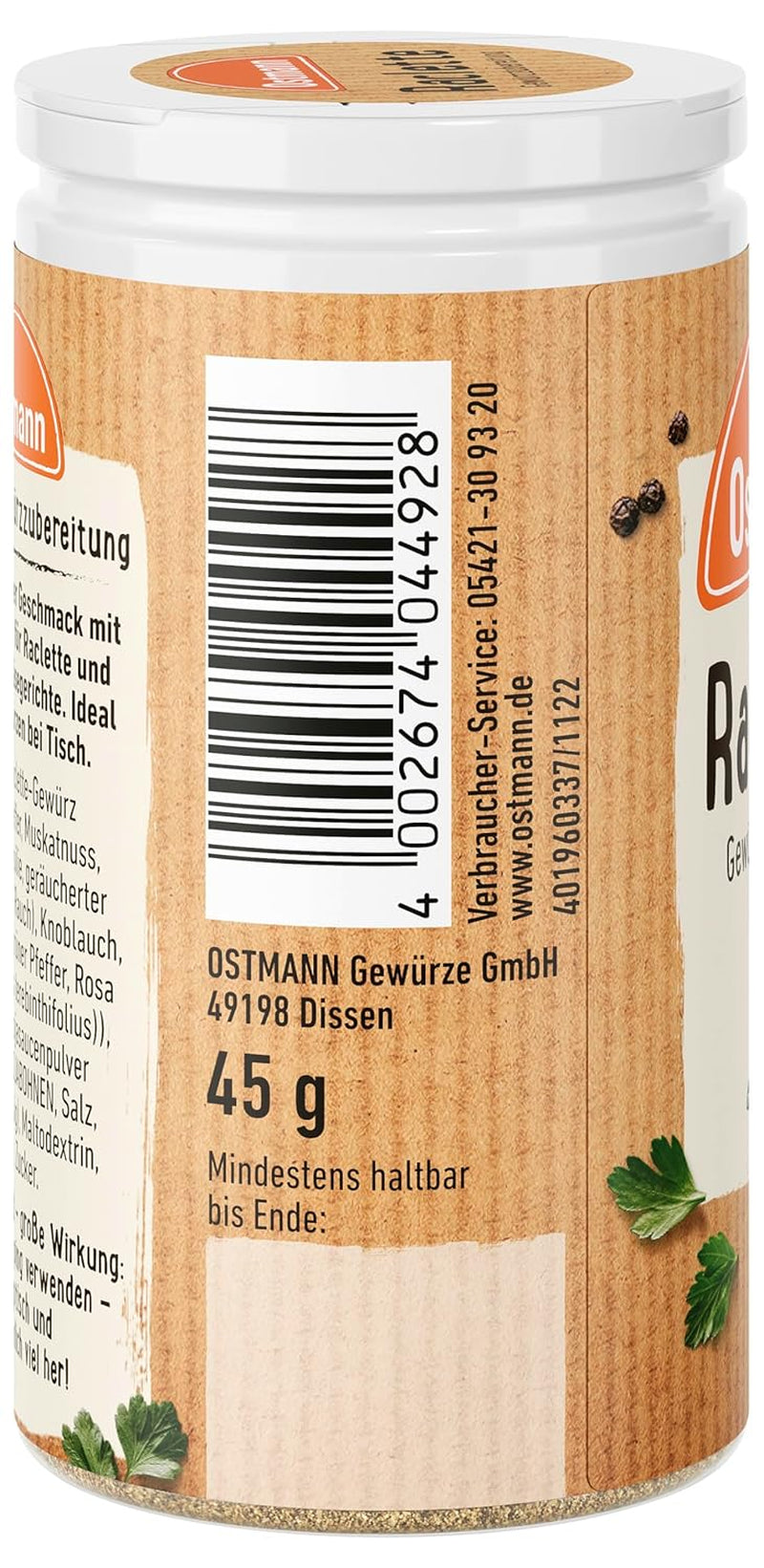 Ostmann Gewürze - Raclette Gewürzzubereitung | Zum Würzen von Käsegerichten | Recyclebare, nachfüllbare Streudose | 45 g im Streuer
