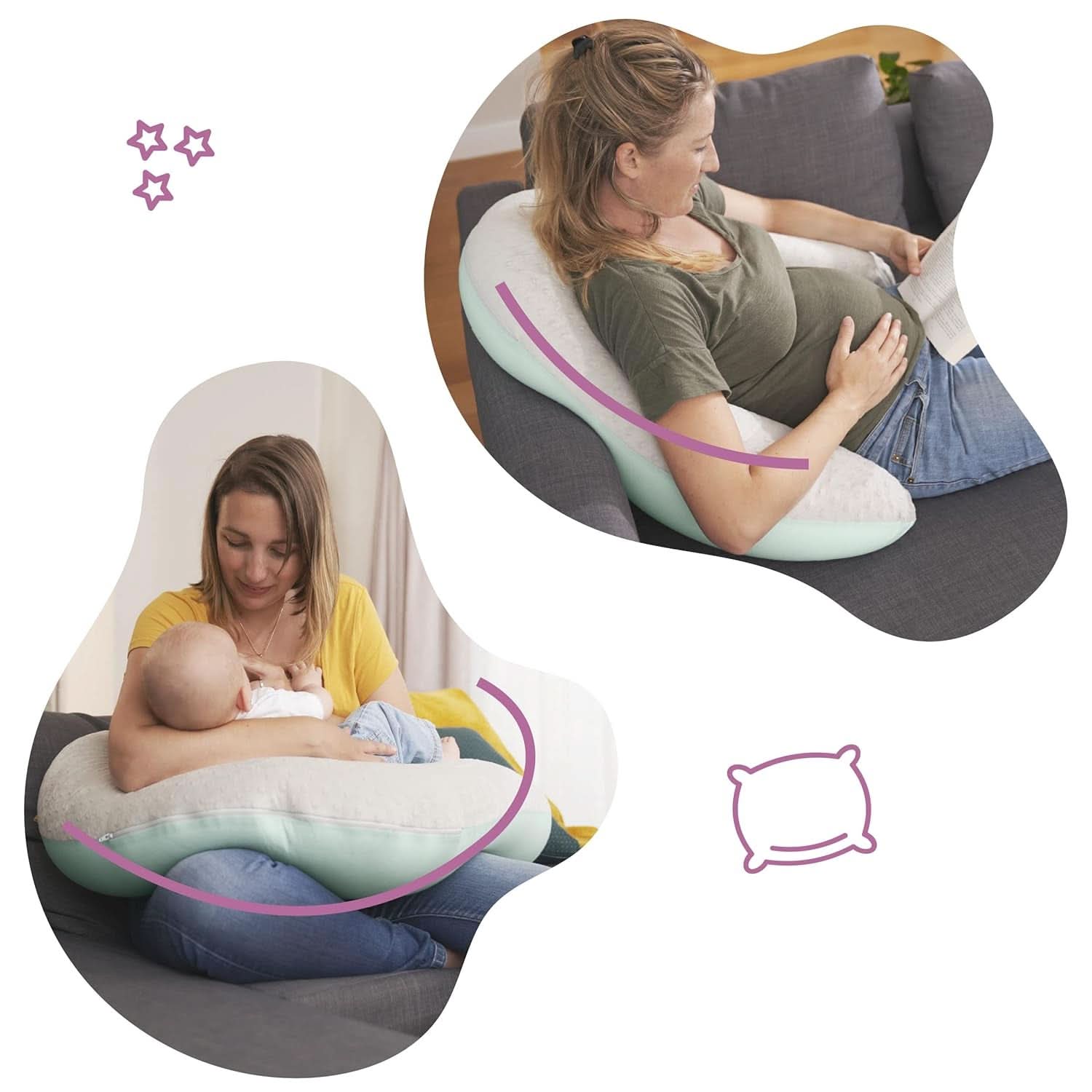 Badabulle Stillkissen und flauschiges Schwangerschaftskissen, 150 cm, inklusive Bezug, ergonomische Form Zubehör Essen und Stillen Bebe Naty Shop