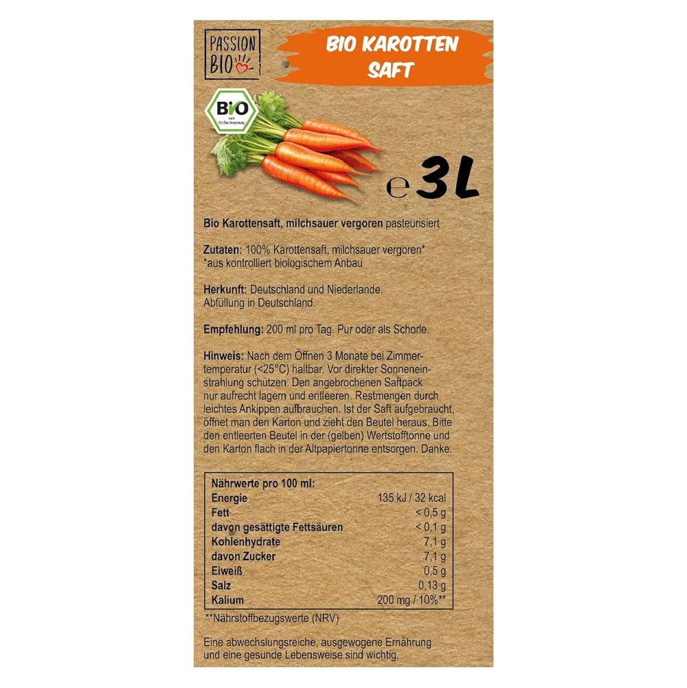 Bio-Karottensaft – Hergestellt aus deutschen und niederländischen Karotten, 3 Liter. Alkoholfreie Getränke Naty Shop