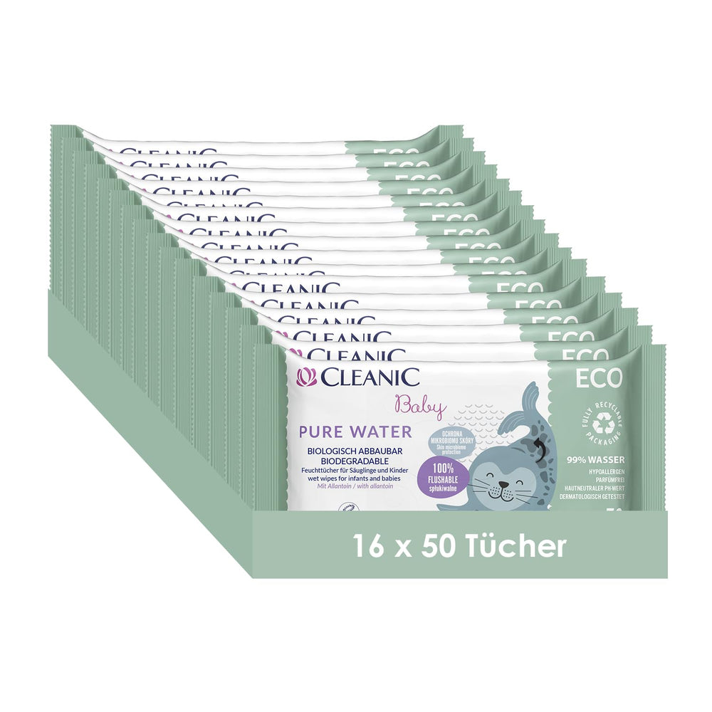 Cleanic Baby Eco Pure Water Feuchttücher – (1 x 50 Stk.) Feuchttücher für Kinder und Kleinkinder – parfümfrei, abspülbar, empfindliche Haut – 50 Stk.