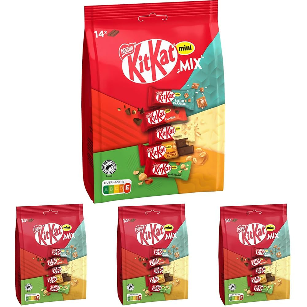 Nestlé Mini Mix Schokoriegel, fünf köstliche Geschmacksrichtungen, 14 Riegel, 4er-Pack (1 Beutel x 197,4 g)