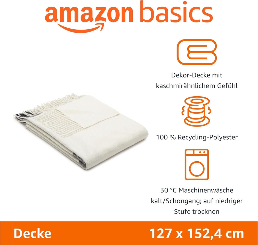 Amazon Basics Überwurfdecke, leichtes, recyceltes Polyester, Raumdekor-Kuscheldecke, 127 x 152 cm, elfenbeinweiß mit blauem Muster. Karierte Betten und Decken. Besuchen Sie den Amazon Basics-Store
