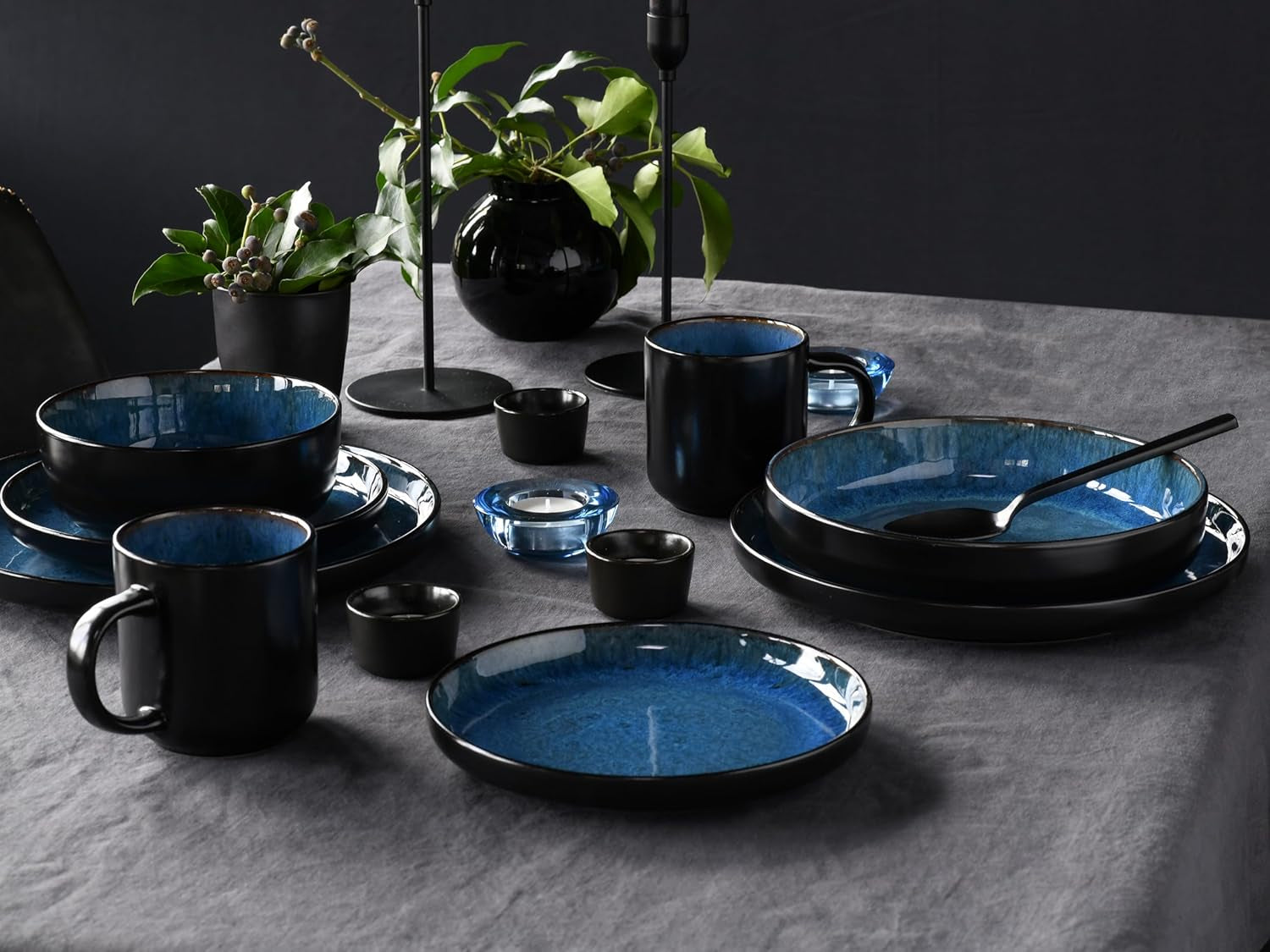 CreaTable, 20149, seria Nordic Fjord Blue, set de veselă cu 16 piese pentru 4 persoane, serviciu combinat din gresie, potrivit pentru mașina de spălat vase și cuptorul cu microunde, producție de calitate