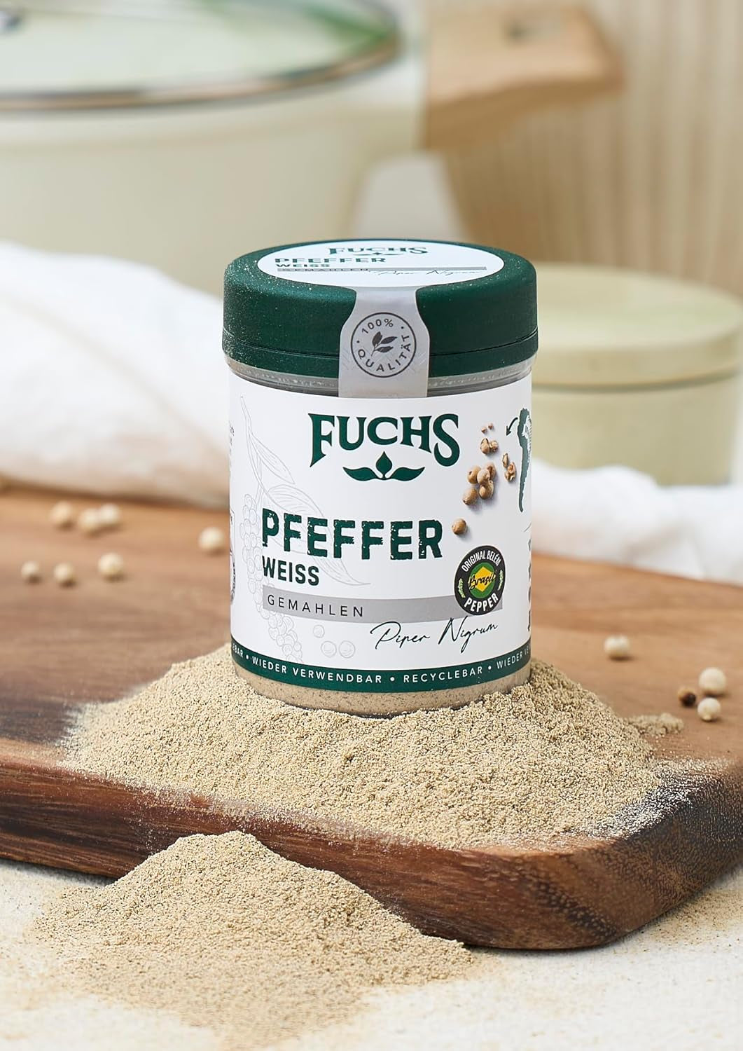 Fuchs Gewürze - Pfeffer weiß gemahlen - Pfeffer aus dem Amazonasgebiet, für helle Saucen, Fisch oder Suppen - natürliche Zutaten - 60 g in wiederverwendbarer, recyclebarer Dose