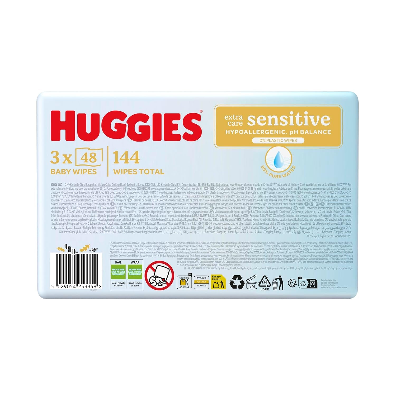 Huggies Pure Extra Care Sensitive Babytücher, 99 % Wasser, plastikfrei, parfümfrei