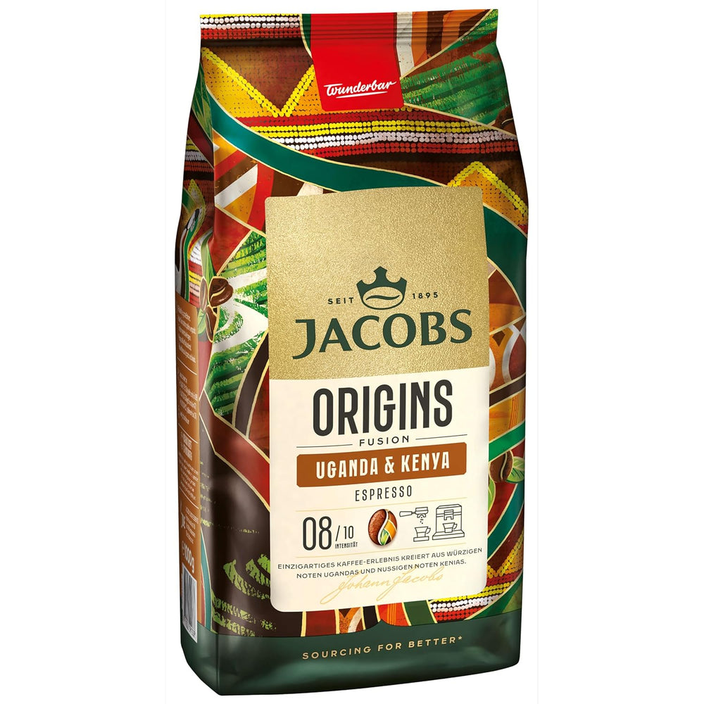Boabe de cafea Jacobs Origins Uganda și Kenya, espresso corpolent cu o notă picantă, intensitate 8/10, boabe întregi de cafea, 1 kg