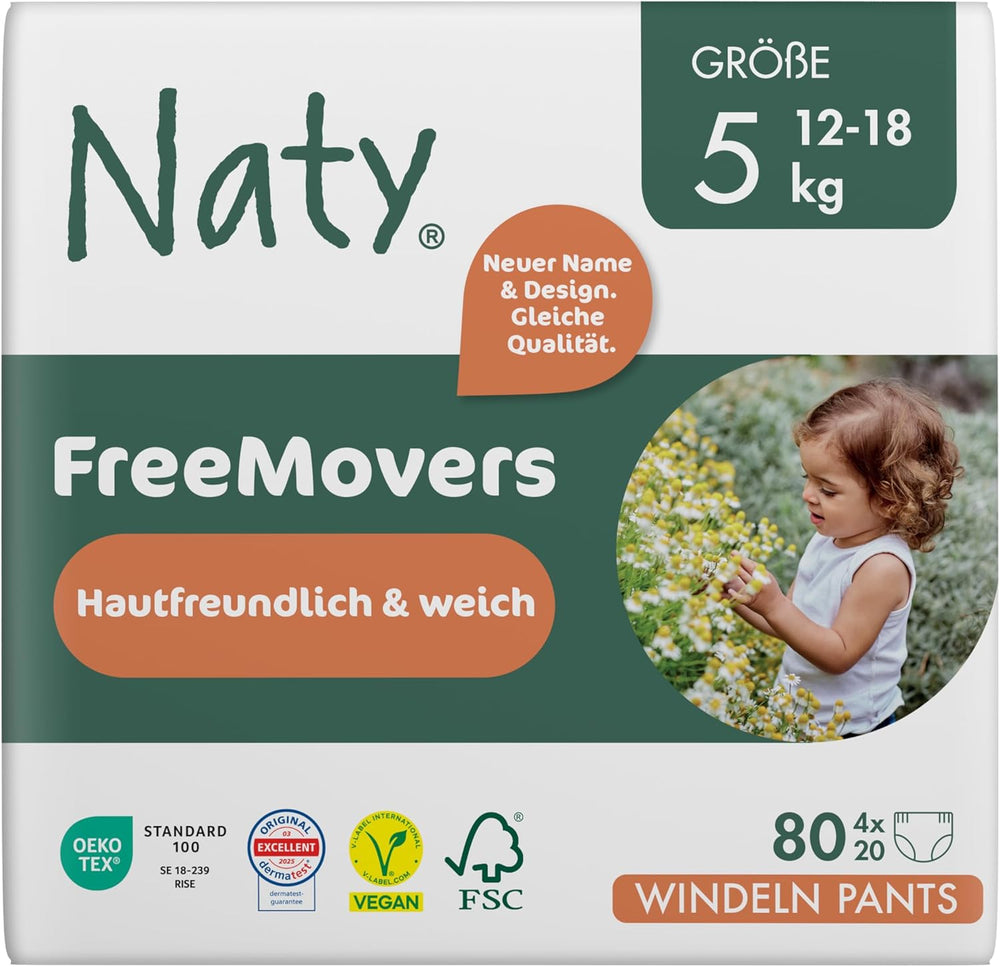 Naty FreeMovers Babywindeln | Zertifizierte hautfreundliche Windelüberhosen | Weich und parfümfrei | Saugfähig und auslaufsicher | Dermatologisch getestet Größe 5 (12–18 kg) | 80 Stück