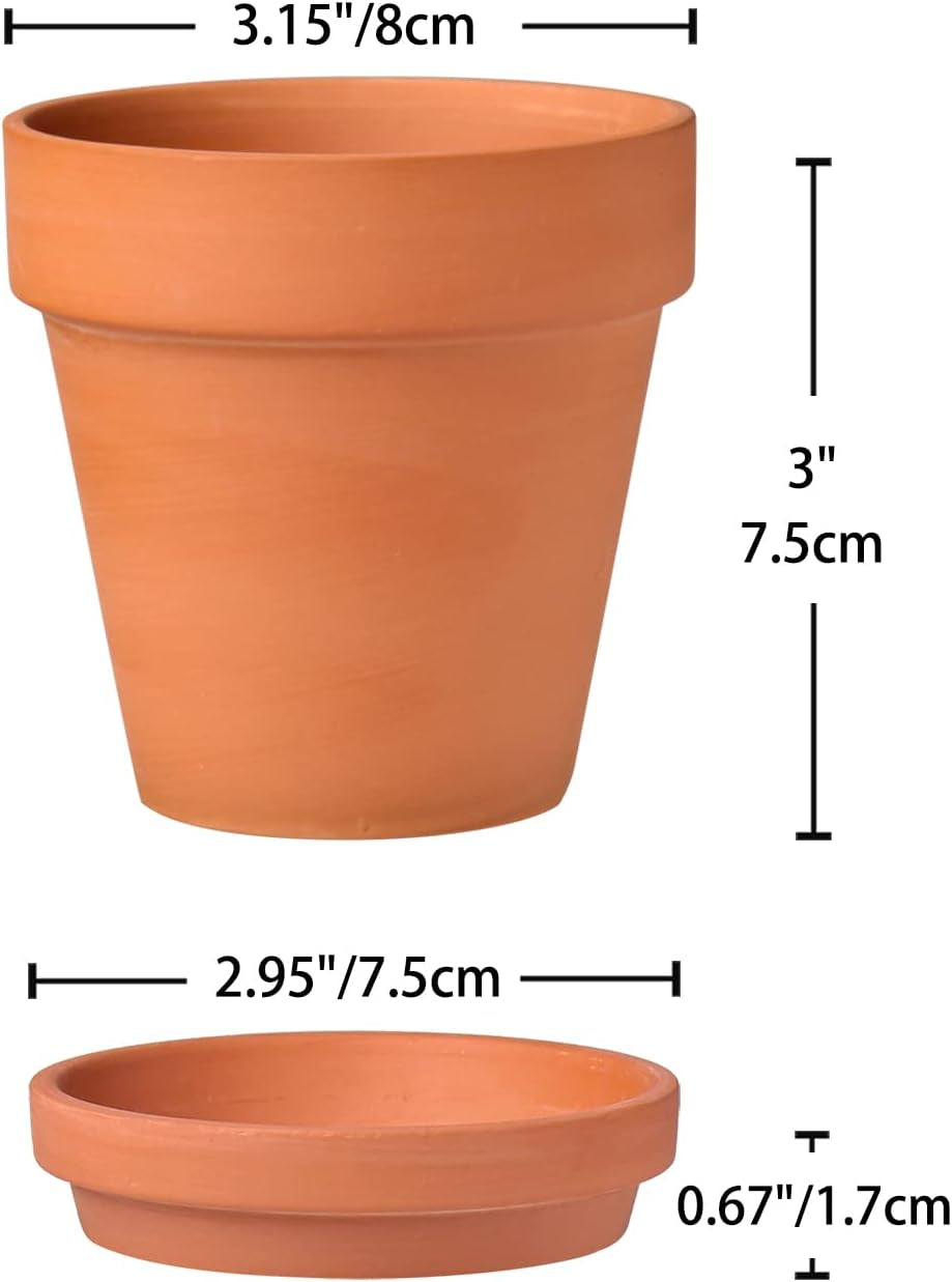 Hollyone set de 8 piese de ghivece mici din teracotă, ghivece rotunde din lut de 8 x 8 cm cu farfurie și orificiu de drenaj, ghivece mici cu tavă, ghivece suculente din teracotă pentru plante de apartament, jardiniere ceramice