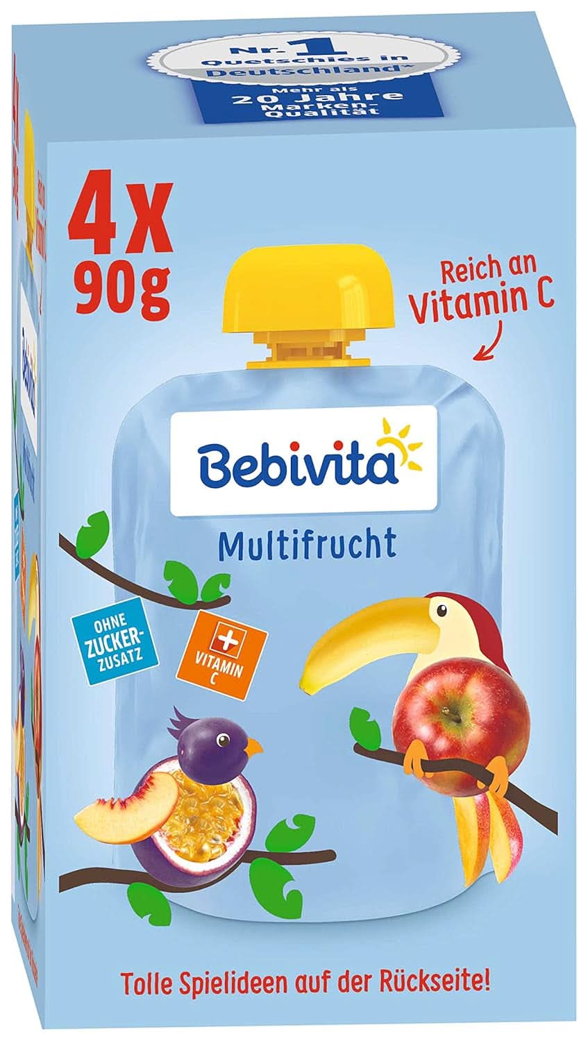 Lustige Früchte und Müsli für Kinder, ganz in Äpfel-Bananen, 4er-Pack (4 x 90 Gramm) Mutter und Kind Naty Shop Multifructe