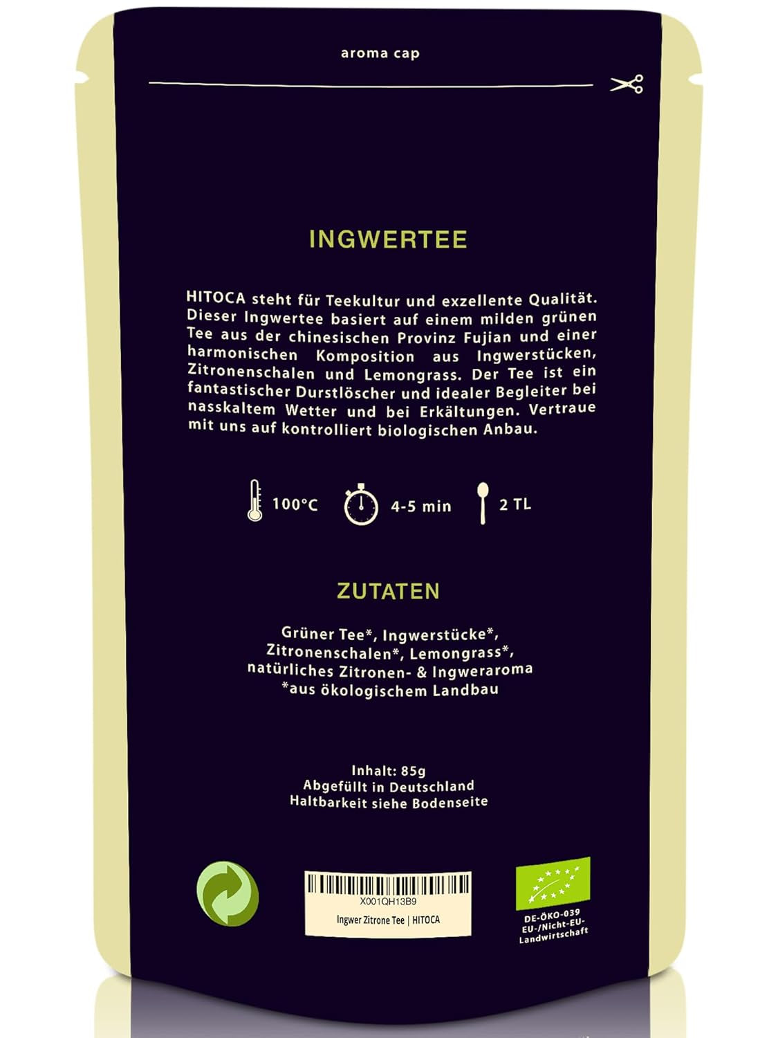 HITOCA® Ceai organic de ghimbir și lămâie - Ceai verde răcoritor în frunze de ceai cu ghimbir și lămâie