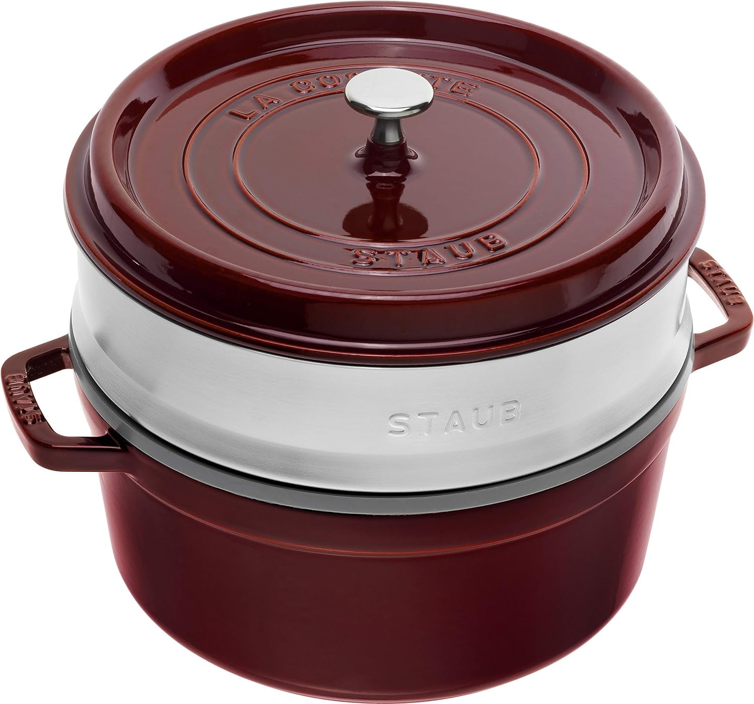 STAUB Gusseisen Bräter/Cocotte, Mit Dämpfeinsatz Aus Edelstahl, Rund 26 Cm, 5,2 L, Aromaregen Funktion Für Optimale Befeuchtung, Für Alle Herdarten Inkl. Induktion & Backofen, Kirschrot, Rot Formen und Backbleche zum Backen Naty Shop Grenadine