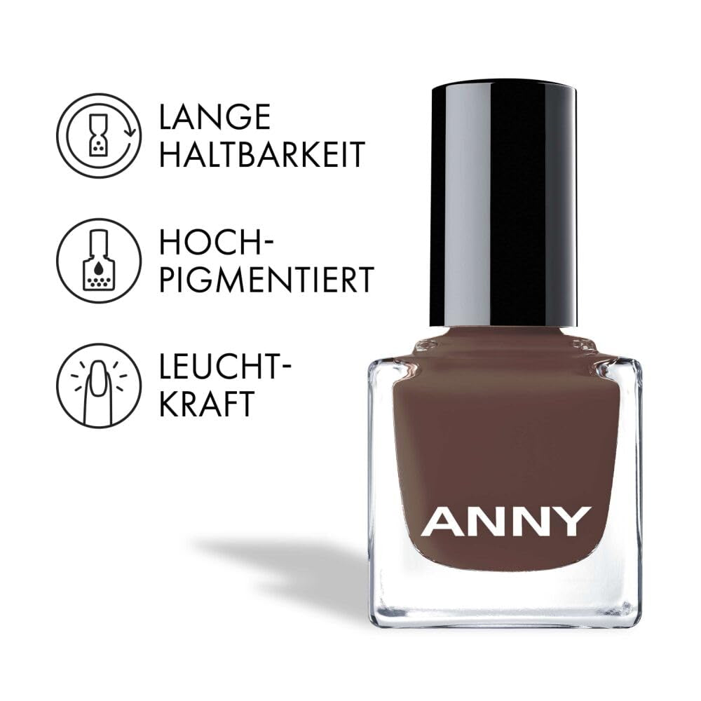 ANNY Nagellack – Hochwertiger, langlebiger, splitterfester und schnell trocknender farbiger Nagellack, Farbe: Schwesterrot – elegantes Mokkabraun – 15 ml