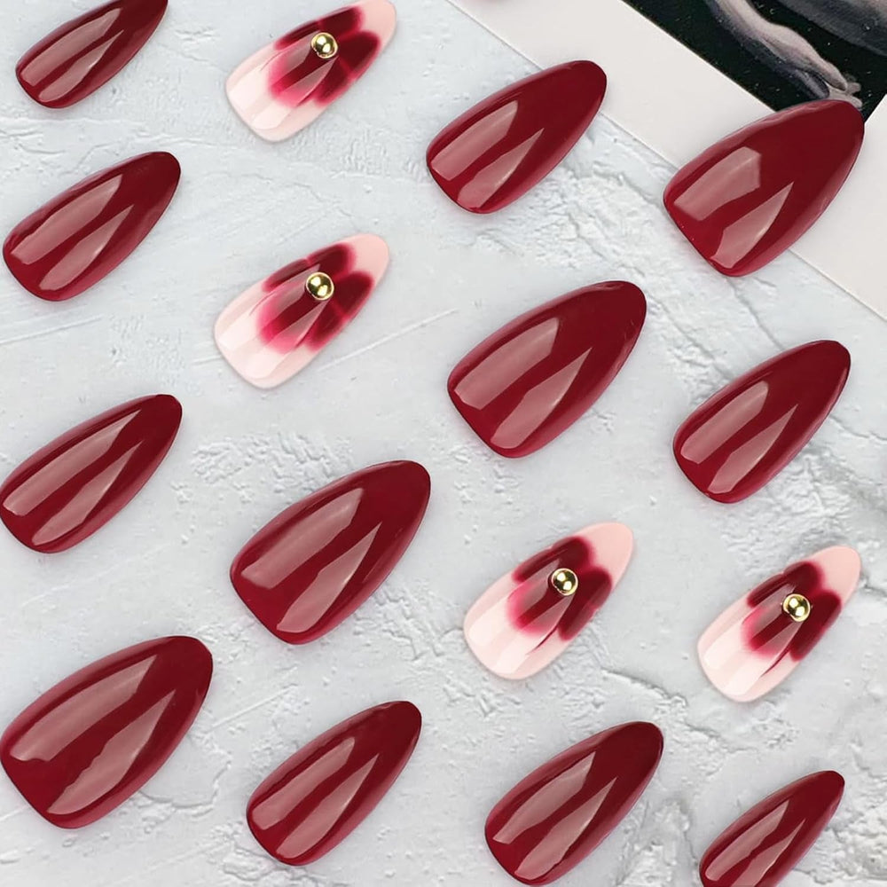 24 Flori Burgundy cu Armură de Diamant, Unghii Presabile, Unghii Artificiale pentru Lipire, Set Vârfuri de Unghii