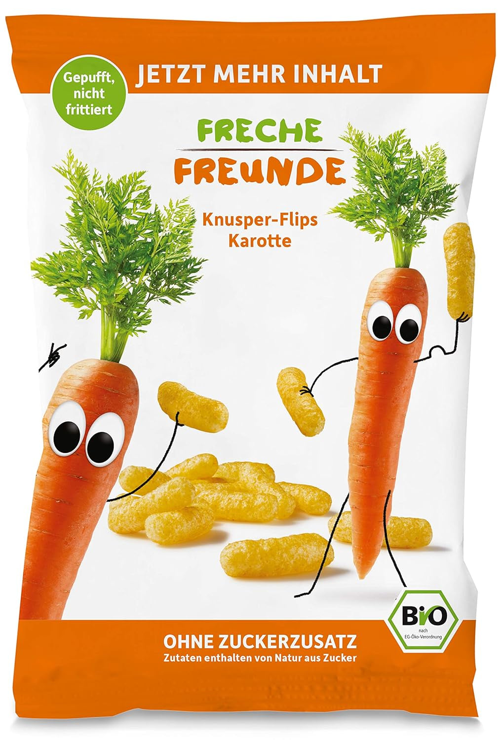 Bio-Fruchtchips „100 % Erdbeere“, gefriergetrocknete Erdbeer-Fruchtchips (12 x 12 g) und neue knusprige Bio-Mais-Karotten-Flips, Bio-Snack, ab 1 Jahr, (9 x 30 g), 270 g