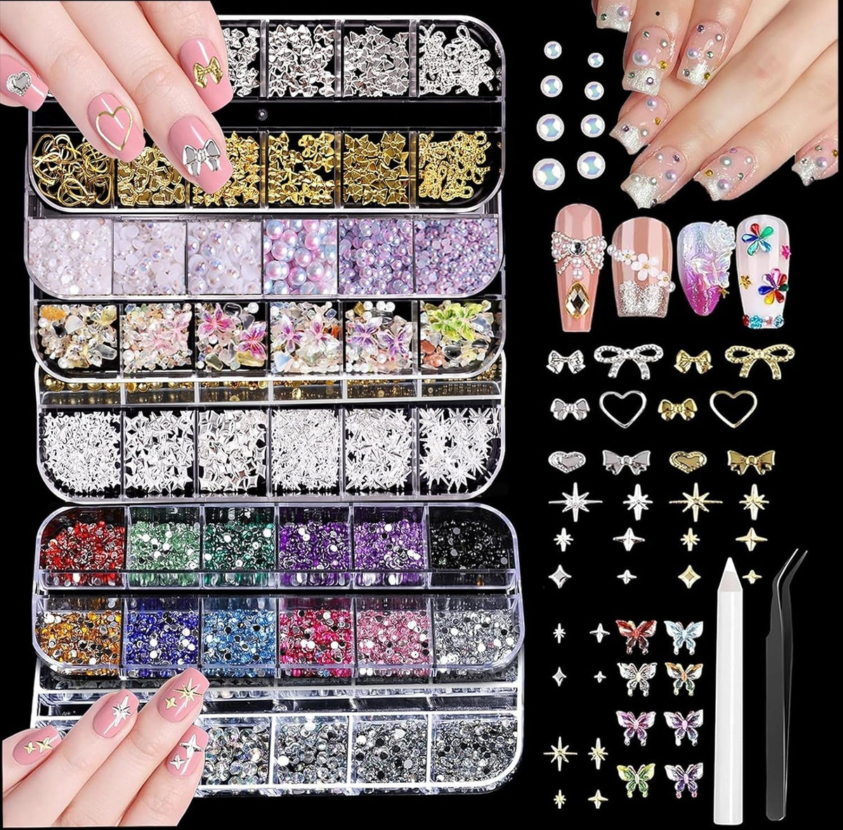 Nail Charms,6 Boxen Gold Silber Nagel Charms 3D Gold Bogen Stern Nail Art Dekoration+6200 Strasssteine Bunt Steine AB Perlen Diamanten,3D Legierung Bow Nail Gems Nagel Deko Für Frauen Nagel (6-A)
