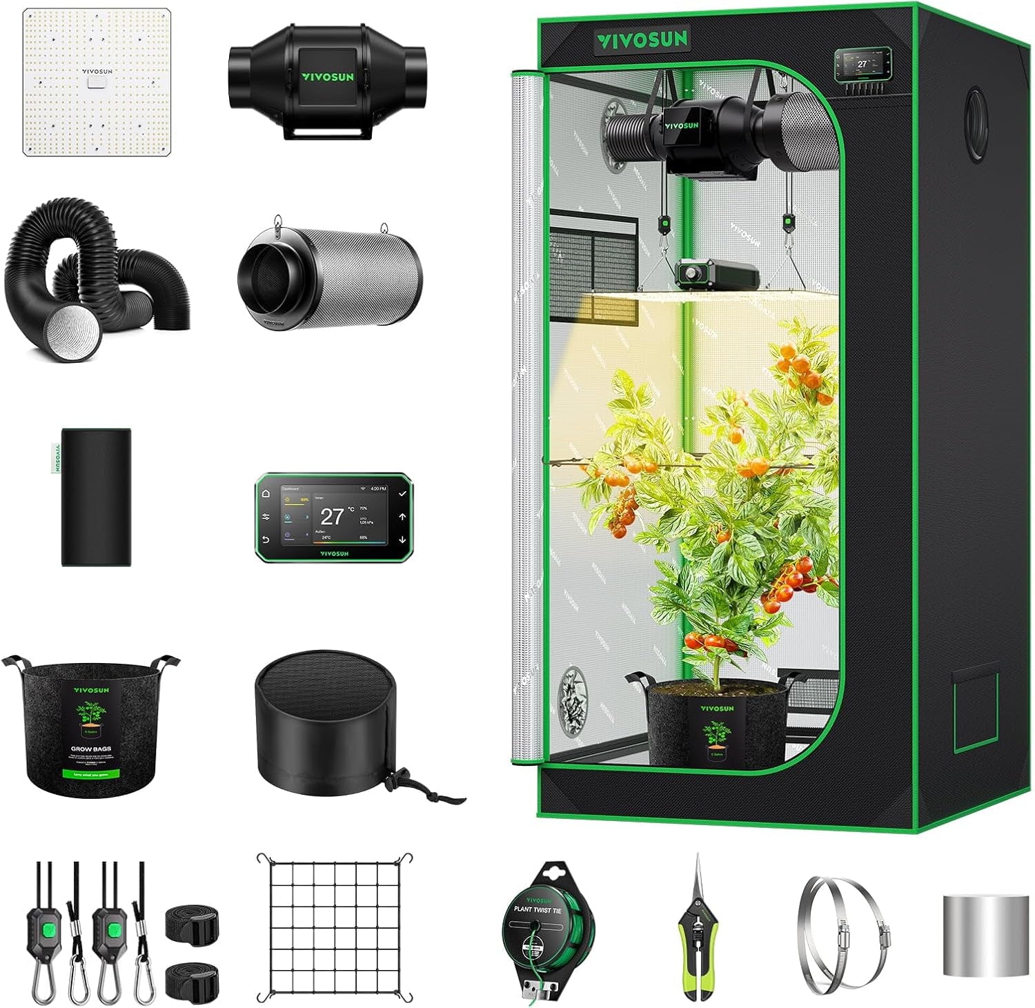 VIVOSUN Smart Grow Tent Komplettset 60 x 60 x 120 cm, integriertes automatisches WLAN-Wachstumssystem mit 100 W Vollspektrum-LED-Licht und effizientem Belüftungssystem mit GrowHub E42A+-Controller