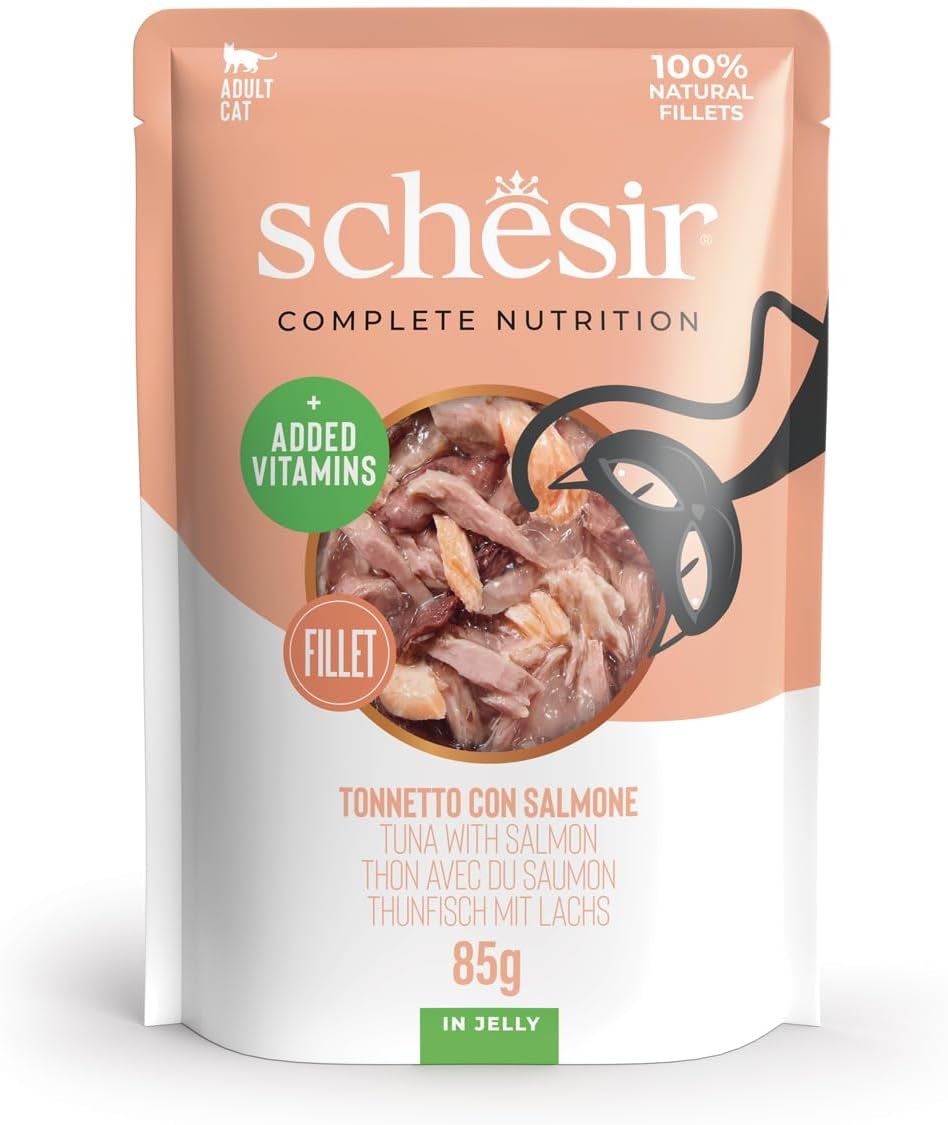 , Thunfisch mit Lachs in Gelee, komplettes Nassfutter für Katzen, im Beutel, 100% natürliche Inhaltsstoffe, tierversuchsfrei, 12 x 85 g
