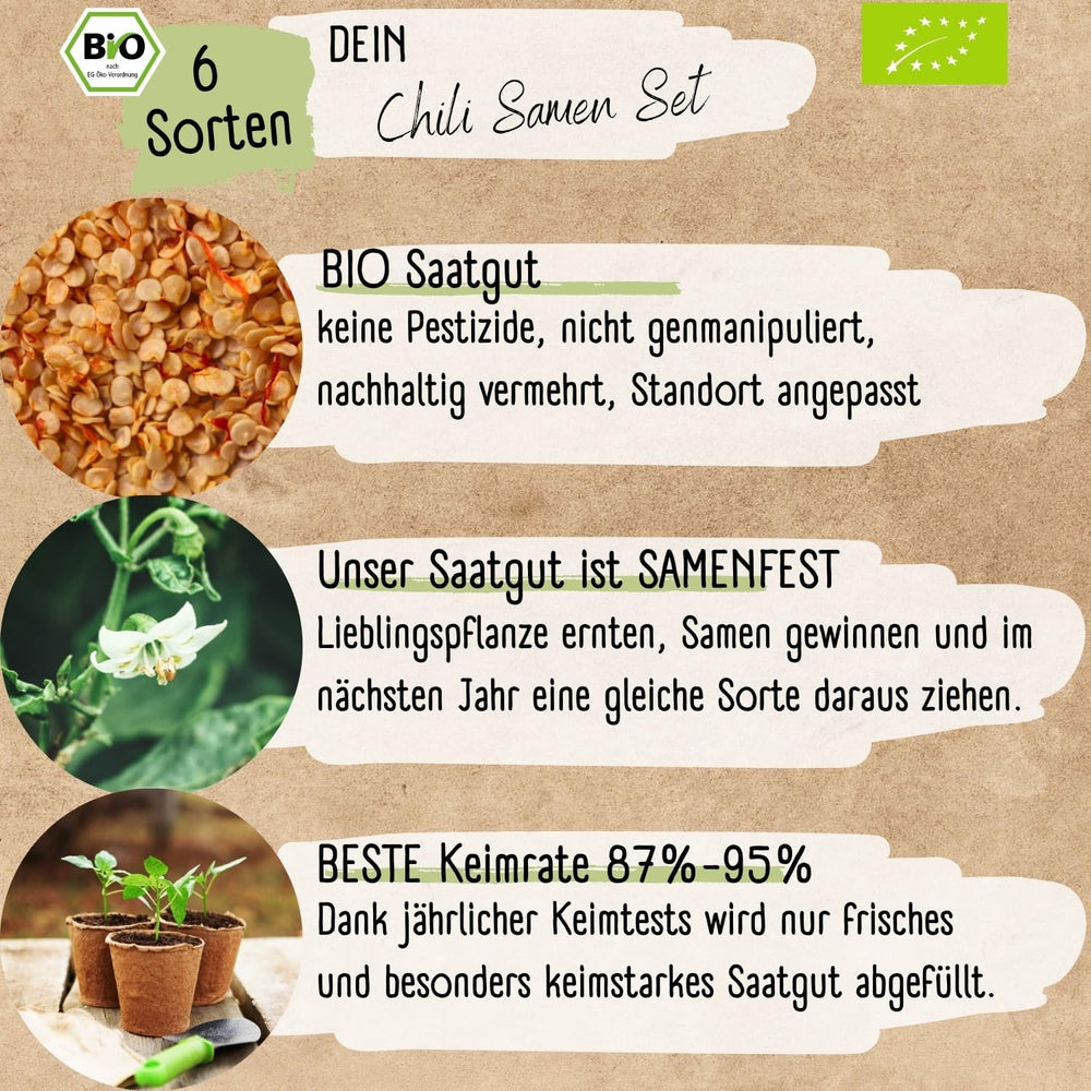 Bio-Chili-Samen-Set – 6 Bio-Chili-Samen, mild bis extrem scharf, frei bestäubte Qualität | Von würziger Habanero bis hin zu farbenfrohen und traditionellen Chili-Sorten – Pepperoni-Samen