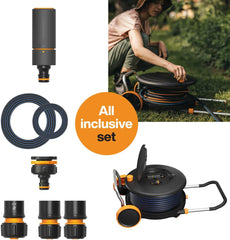 Roată de apă Fiskars Comfort L cu roți, set de udare all-inclusive, rază totală de acțiune de 31,5 m, înfășurare automată, furtun de grădină universal (Ø 13 mm), racord universal pentru robinet, 1071670