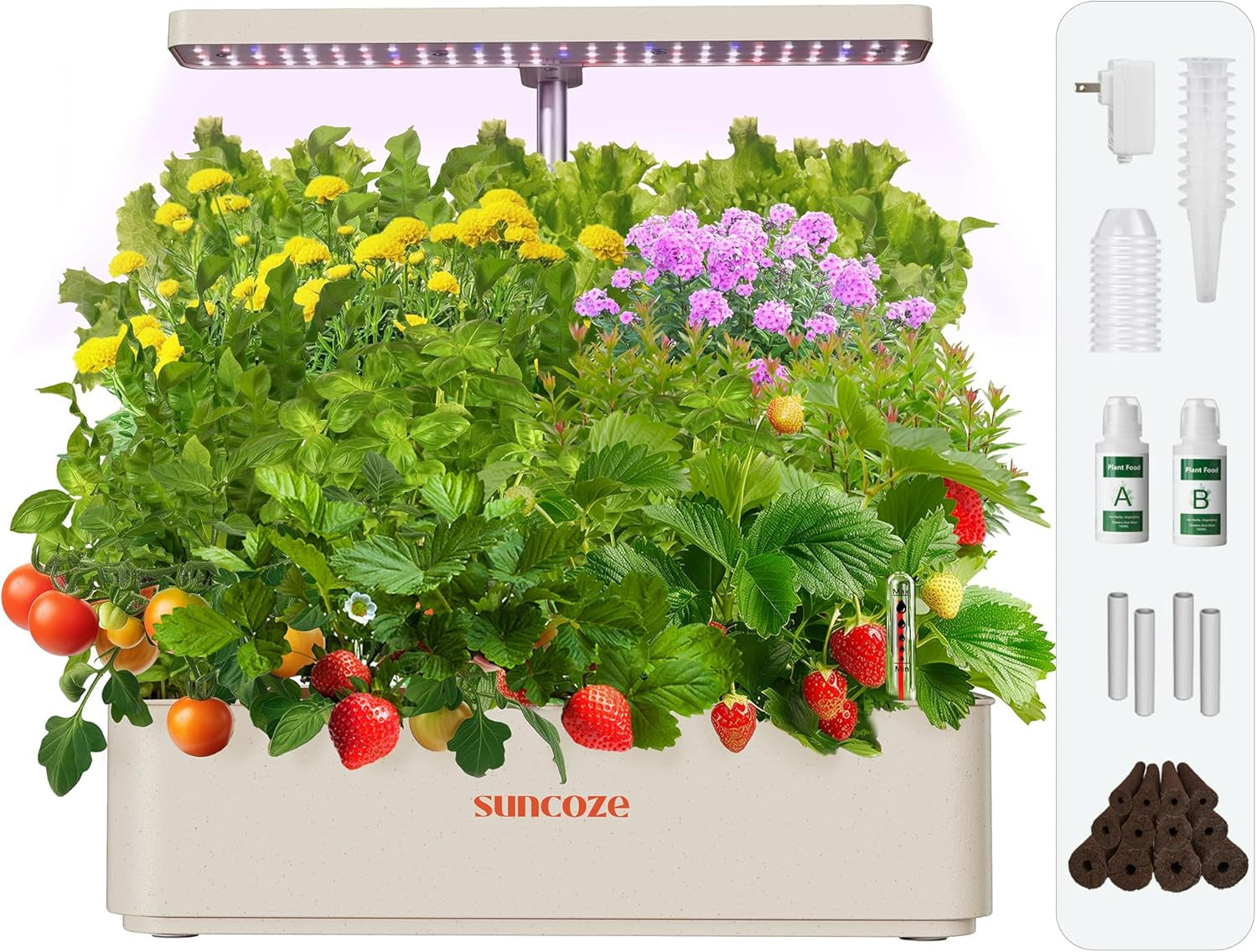 12 Kapseln Hydrokultur-Anbausystem-Kit, 24-W-LED-Gartenlampe für den Innenbereich, 4-Liter-Wassertank mit leiser Pumpe, höhenverstellbarer Kräuterpflanzer, Indoor-Gartenset, Gartengeschenke, Beige