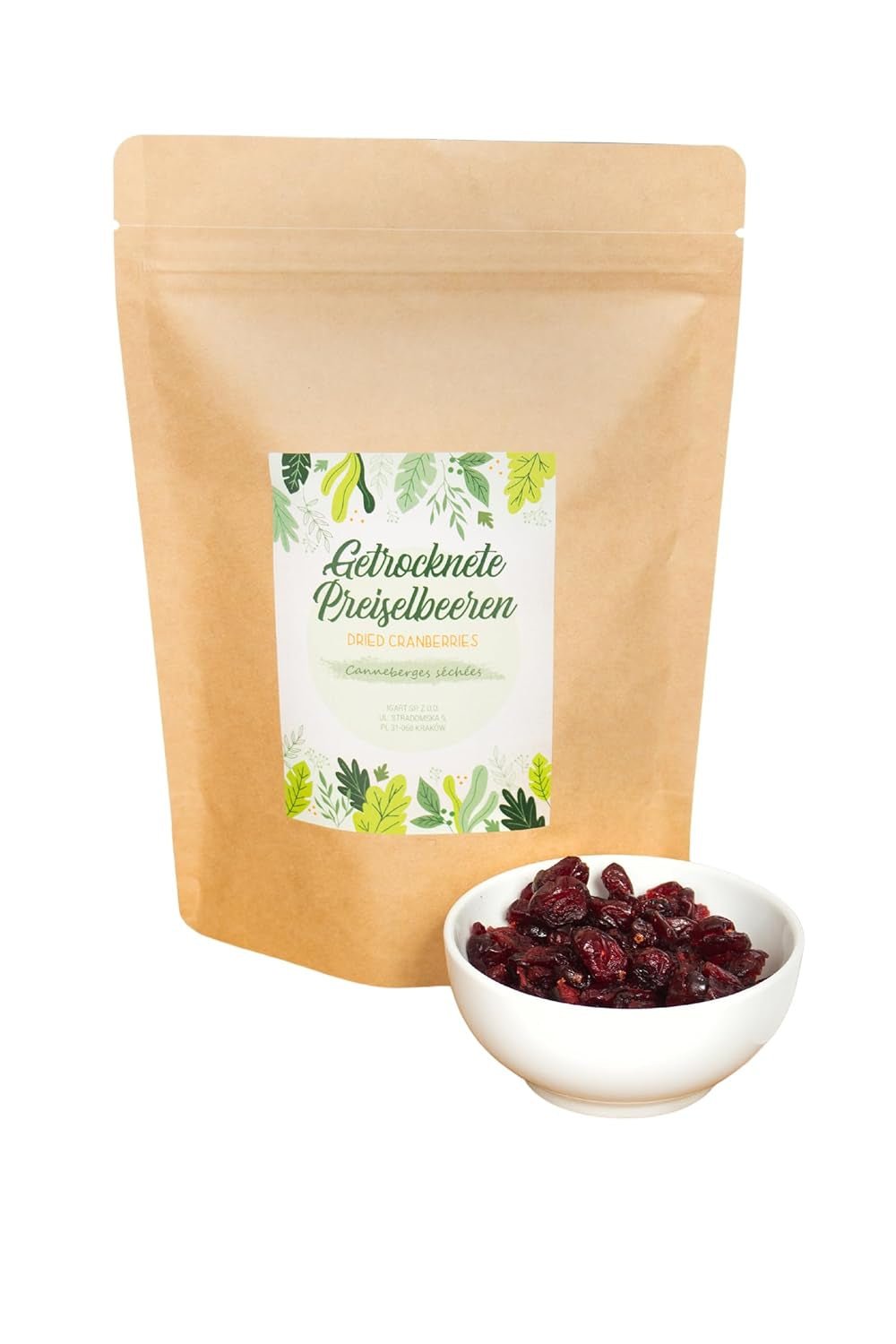 FOOD&WOOD® Merișoare uscate întregi 500g | Merișoare uscate | 1A calitate | Dulci natural | ideale ca gustare, în iaurt sau pentru coacere | fără zahăr adăugat | Uscate | nesulfurate. Produse deshidratate Naty Shop 500 G