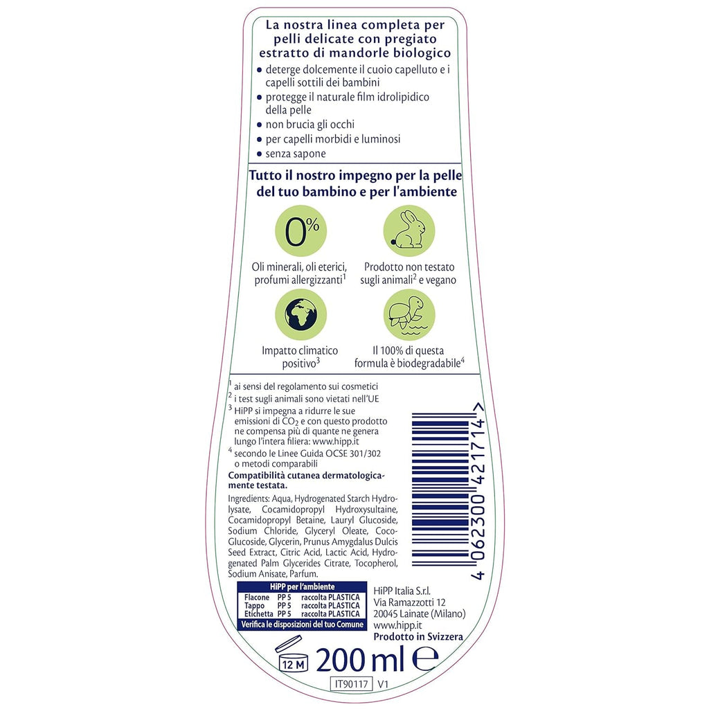 HiPP - Baby Care Șampon delicat pentru copii, curăță ușor și irită ochii, pentru pielea sensibilă, cu extract natural de migdale organice, 1 flacon cu 200 ml Copii - Baie si Skincare Naty Shop