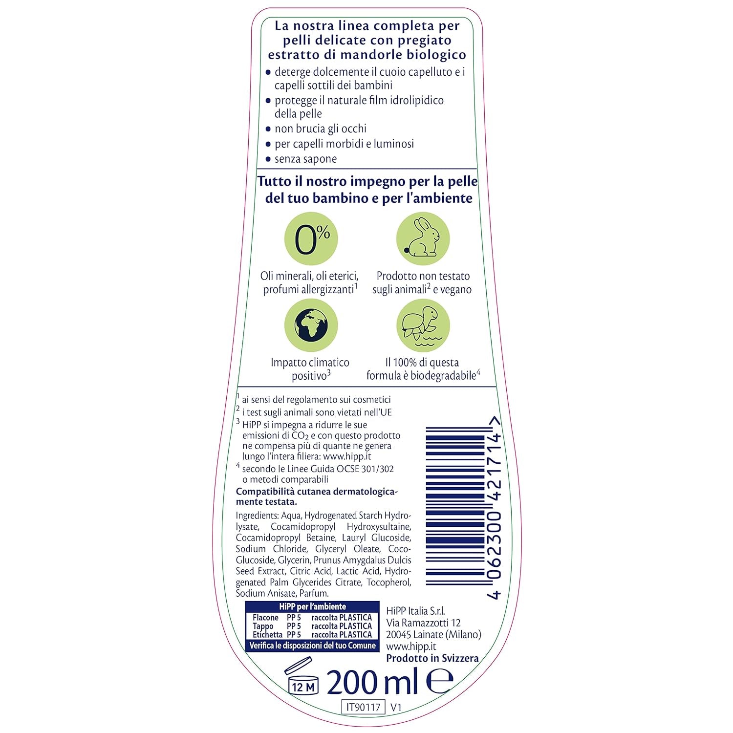 HiPP - Baby Care Șampon delicat pentru copii, curăță ușor și irită ochii, pentru pielea sensibilă, cu extract natural de migdale organice, 1 flacon cu 200 ml Copii - Baie si Skincare Naty Shop