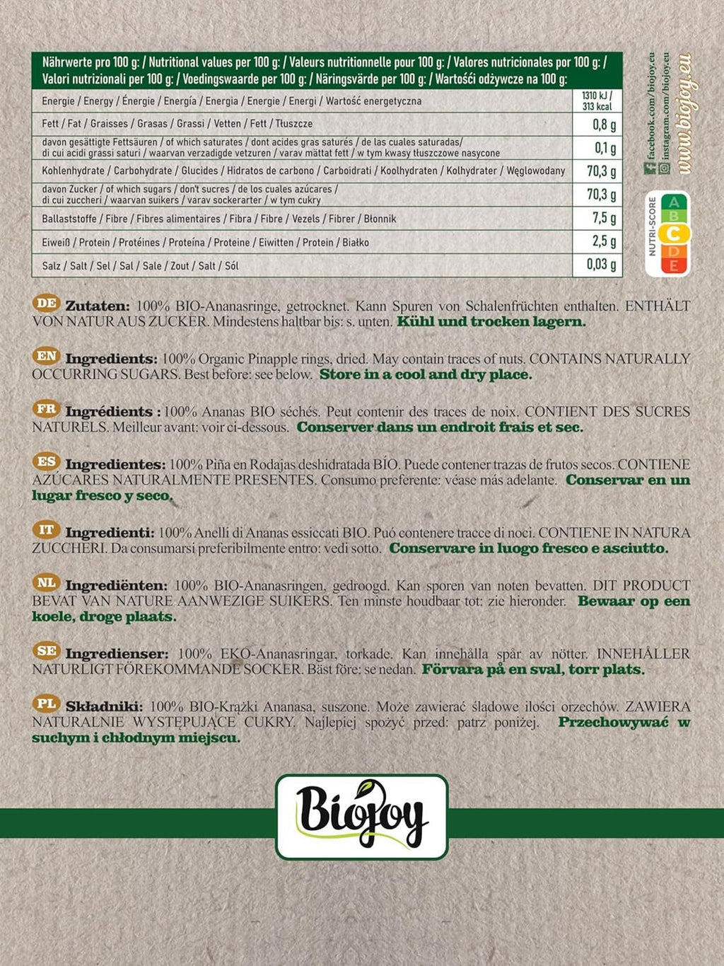 Inele de ananas Biojoy BIO, uscate (1 kg), nesulfurate Produse deshidratate Naty Shop