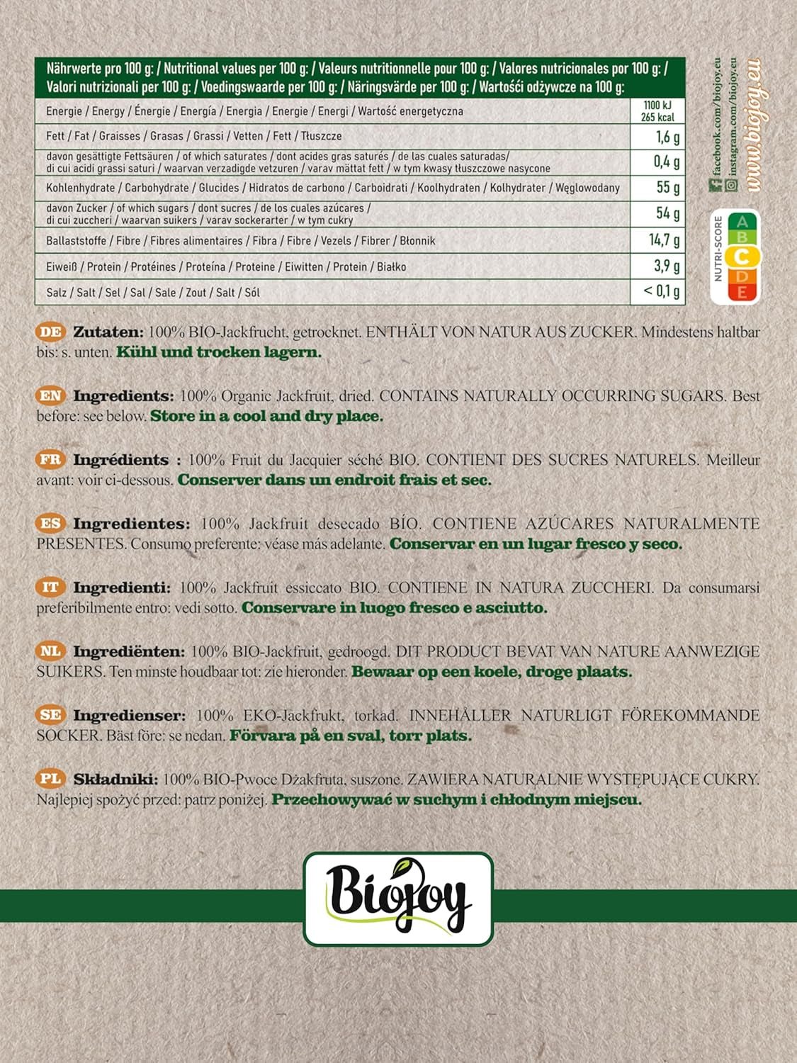 Jackfruit bio Biojoy (1 kg), bucăți de jackfruit uscate și nesulfurate Produse deshidratate Naty Shop