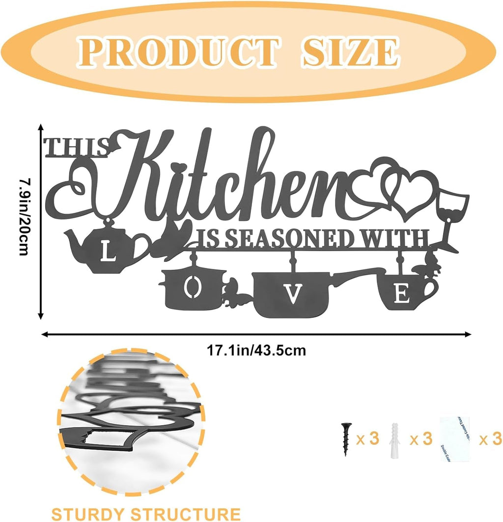 KHayRovies decor de perete pentru bucătărie, metal, inscripție "Această bucătărie este condimentată cu dragoste", cuvânt negru cu placă de nume, litere de fier rustice, citate pentru bucătărie, fermă, sufragerie, Statuete si sculpturi Naty Shop