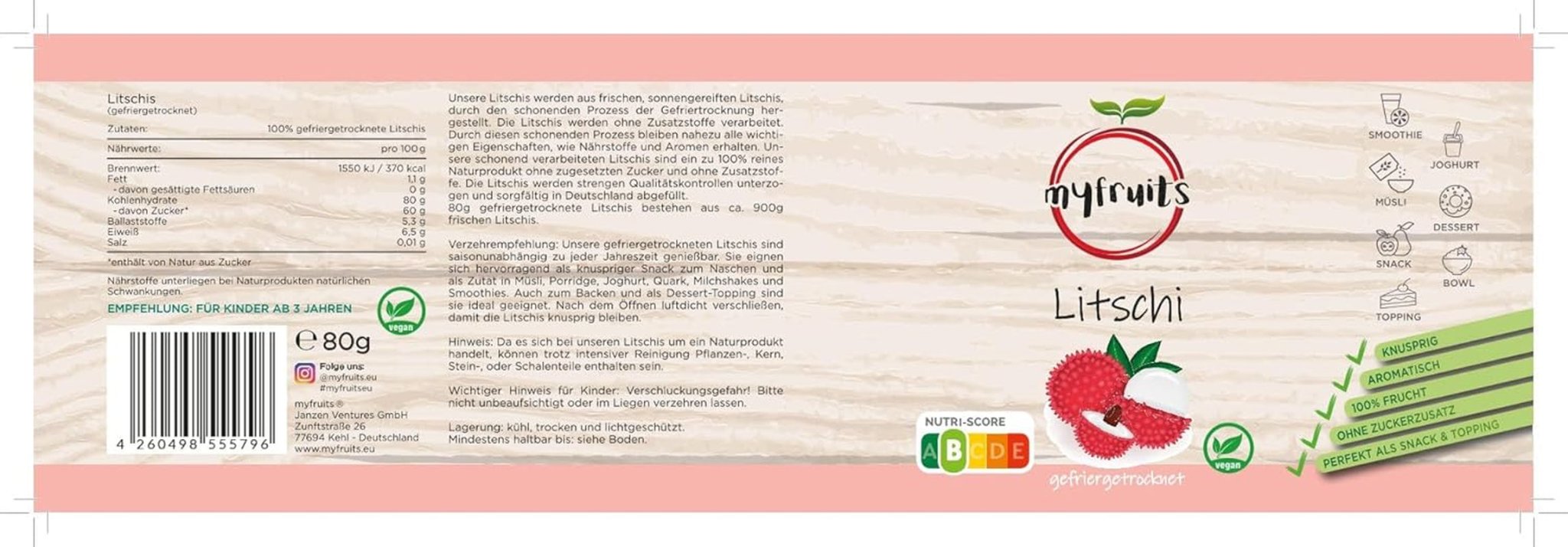 myfruits lychee, liofilizat, 80g, fără aditivi, 100% fructe, fructe liofilizate și fructe uscate Produse deshidratate Naty Shop