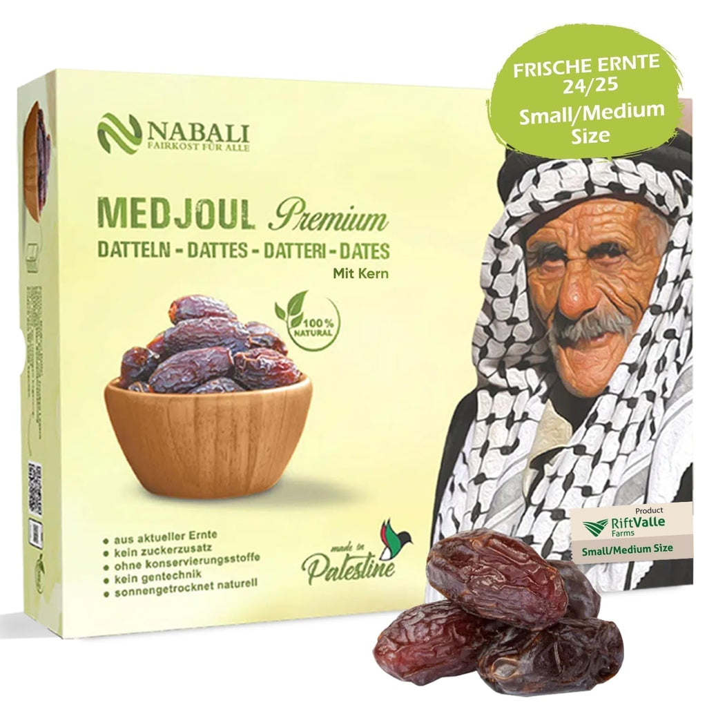 NABALI FAIRKOST FOR ALL Curmale Medjool Medjoul din Palestina - 100% naturale vegan aromate tradiționale proaspete și orientale I fără conservanți 5 kg (1 pachet), Small/Medium Produse deshidratate Naty Shop 5 kg (1 pachet), Mic/Mediu