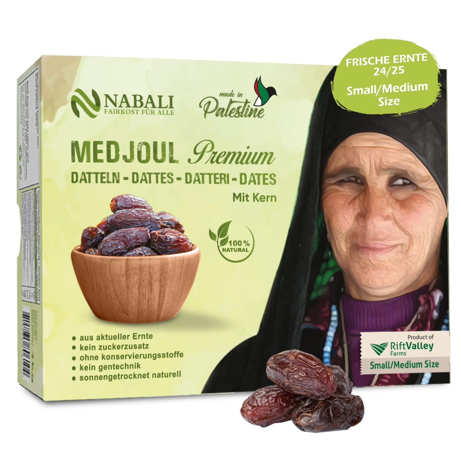 NABALI FAIRKOST FOR ALL Curmale Medjool Medjoul din Palestina - 100% naturale vegan aromate tradiționale proaspete și orientale I fără conservanți 5 kg (1 pachet), Small/Medium Produse deshidratate Naty Shop 1 kg (1 pachet), Mic/Mediu