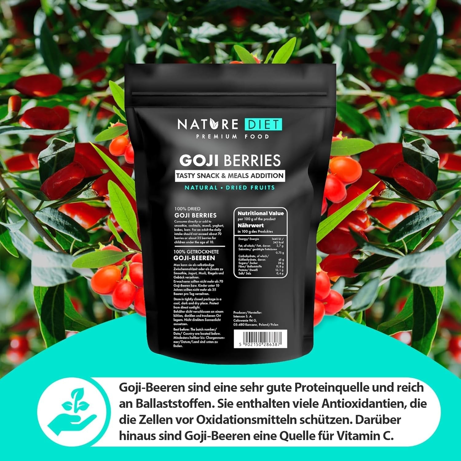Nature Diet - Goji berries 1000 g | Fructe de pădure uscate | Gustare sănătoasă Produse deshidratate Naty Shop