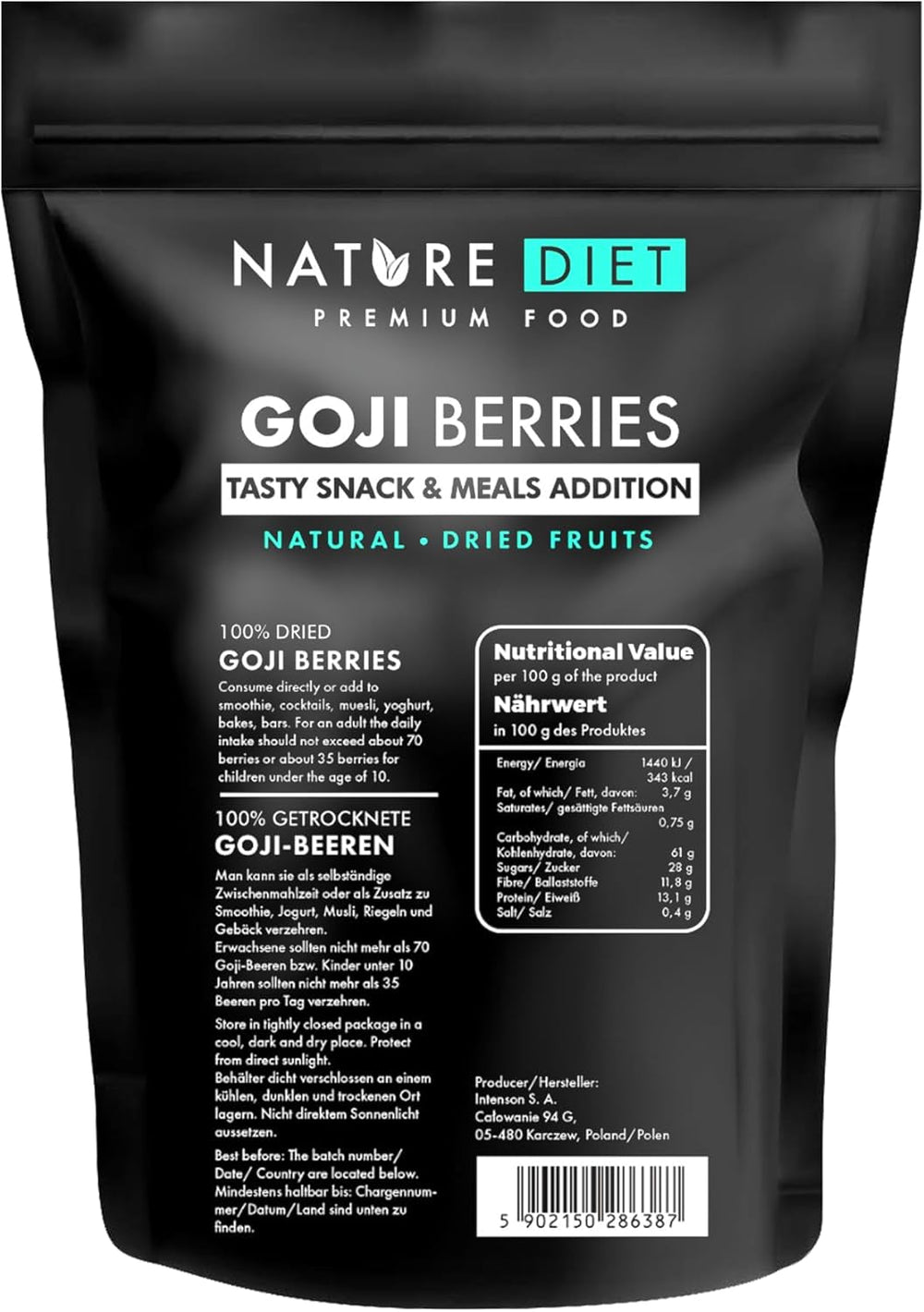 Nature Diet - Goji berries 1000 g | Fructe de pădure uscate | Gustare sănătoasă Produse deshidratate Naty Shop 1 kg (1 pachet)