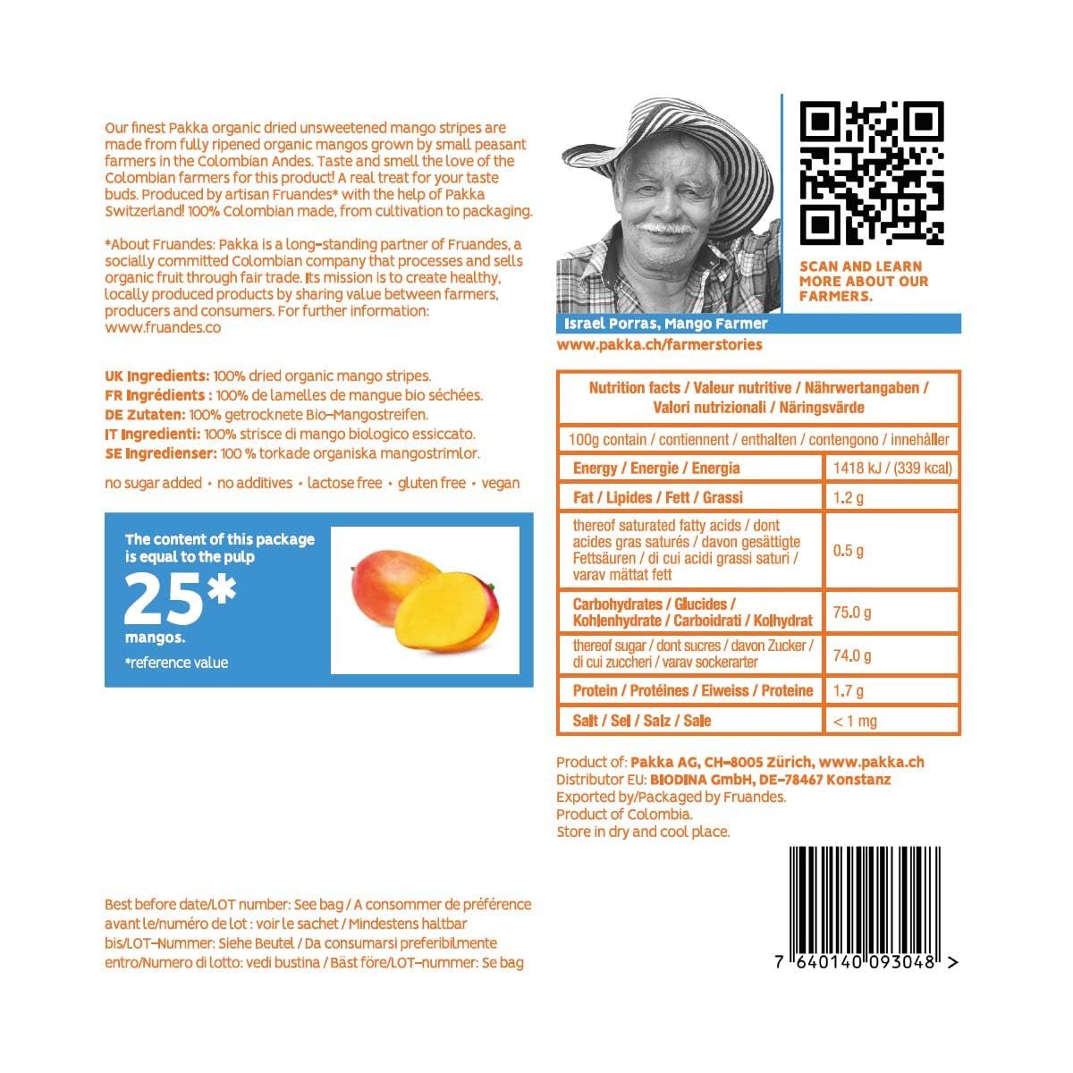 PAKKA organic fair trade mangoes 1kg, bucăți de mango uscate organic și corect, neîndulcite, nesulfurate, produse și umplute direct de producătorul din Columbia, vegan 1 kg (1 pachet) Produse deshidratate Naty Shop