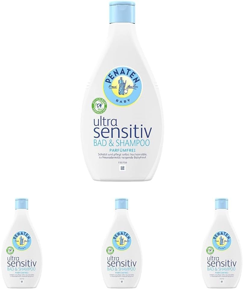 PENATEN Ultra Sensitive Bath & Shampoo (400 ml), baie și șampon pentru bebeluși deosebit de blând pentru pielea foarte sensibilă a bebelușilor predispuși la neurodermatită, gel de duș și șampon de păr fără parfum și coloranți Copii - Baie si Skincare Naty Shop 400 Ml (pachet de 4) Gel de spălare