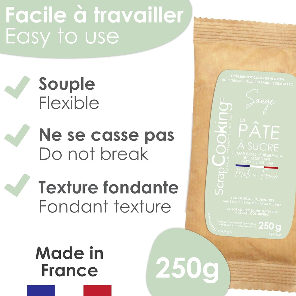 ScrapCooking - Pâte Ã Sucre Vert Sauge 250g - Colourant d'Origine Naturelle - Sans Gluten, Sans Huile de Palme - Pour Gâteaux, Pâtisseries Anniversaire - Vert Pastel - Fabriquée en France - 7621 Pasta de zahar Naty Shop