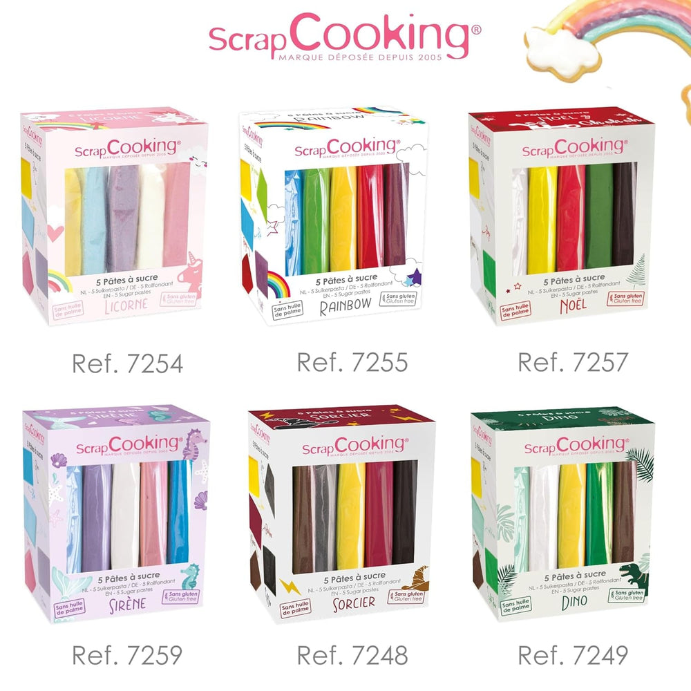 ScrapCooking - Set de 5 Fondant - alb, galben, roșu, verde și maro - 5 x 80g - pastă de zahăr pentru prăjituri Decorațiuni pentru torturi Ziua de naștere Crăciun - fără gluten și fără ulei de palmier - 7257 Pasta de zahar Naty Shop