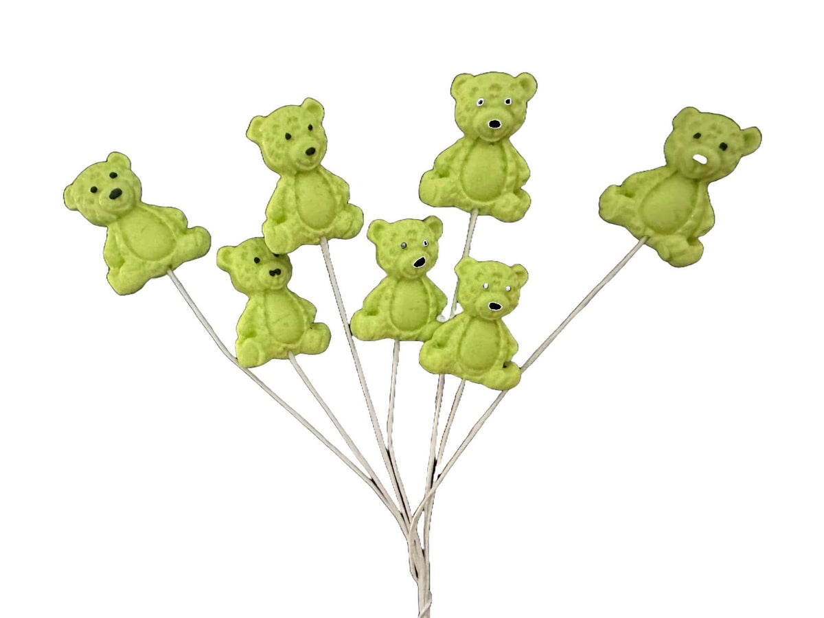 Set 7 decoratiuni comestibile din zahar, Ursuleti verzi Decoratiuni din Pasta de Zahar Nati Shop