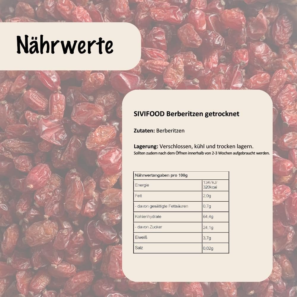 SIVIFOOD Barberries 200g - fructe de mur uscate în calitate premium de alimente crude - vegan și natural cu conținut scăzut de grăsimi ghimpe acru Zereshk barberry Berberis fructe uscate uscate barberries uscate Produse deshidratate Naty Shop