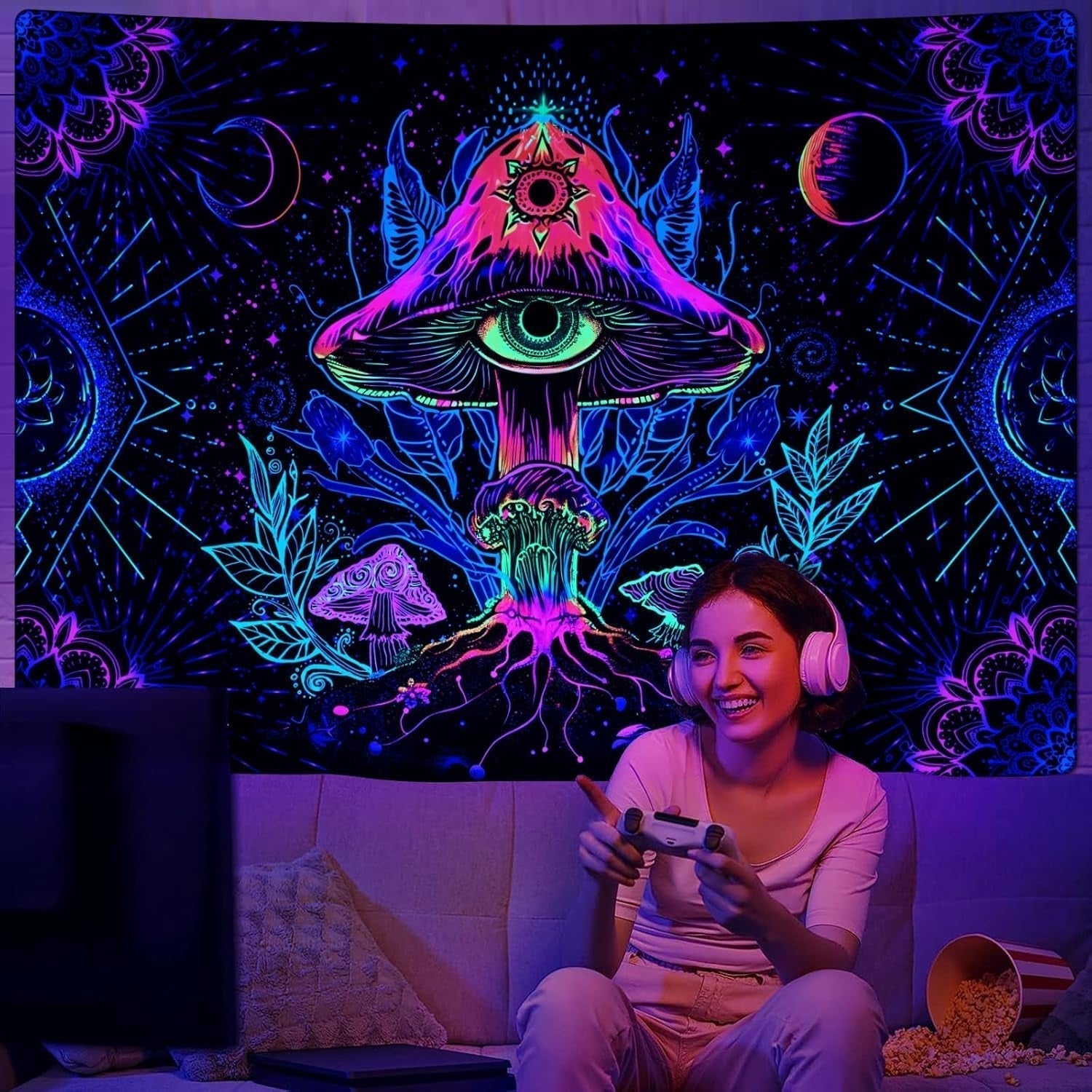 Tapiserie alishomtll fluorescent mushroom black light mandala Casa - Accesorii si Decoratiuni Naty Shop