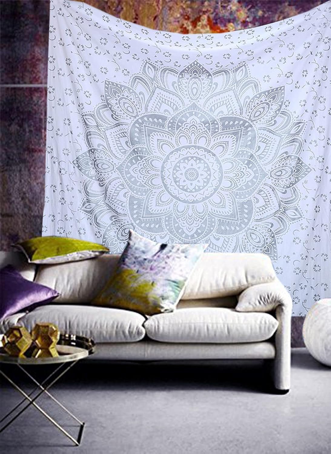 Tapiserie indiana mandala alb argintiu camera estetic panza Casa - Accesorii si Decoratiuni Naty Shop